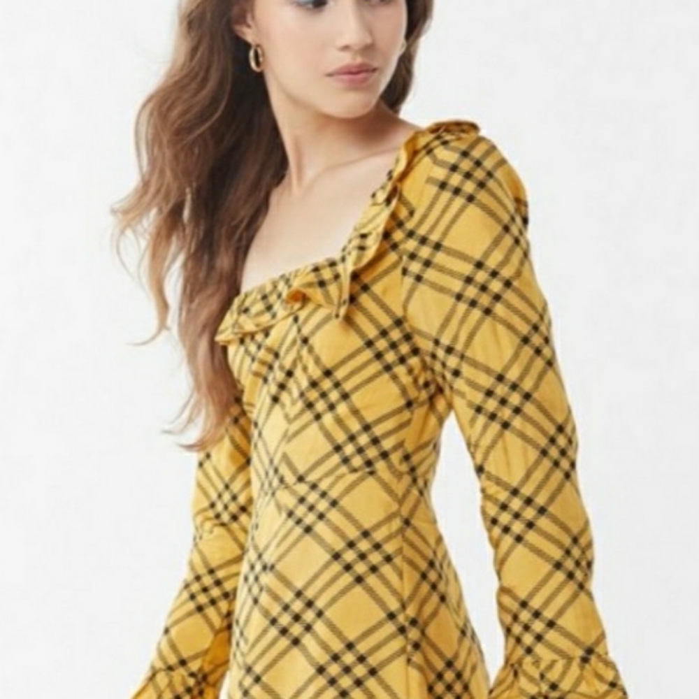 URBAN OUTFITTERS Kristen Plaid Ruffle Dress| Plaid Yellow and Black Ruffle Dress - Picture 1 of 5